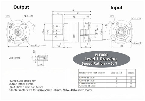 Technical drawing of Beefy Planetary Gearbox Reducer 5:1 With Low Backlash 7 Arcmin, 4000 RPM for 60mm Servo Motors, 14mm and 11mm shafts.