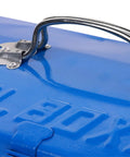 Close-up of Blue Iron Toolbox With Heavy Duty Lock And Steel Reinforced Corners Comfortable Grip Bar for Hardware Bits Sorting.