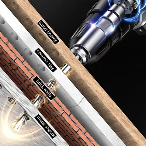 Heavy Duty Cordless Drill Driver With Kick Ass Brushless Motor And Smart Air Vents For No Sweat Cooling Plus Knockout Torque Settings And Smooth Variable Speed Control For Tough Woodworking Tasks And Quick Assembly On Any Job Site, shown drilling through wood, brick, ceramic, and metal.