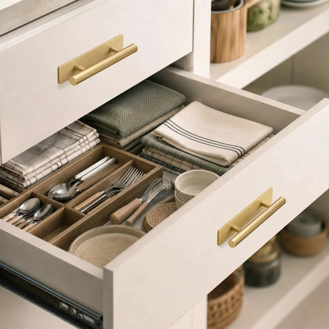 Rock Solid 5 Pack Brass Cabinet Drawer Pull Backplates Featuring 3 Inch Hole Centers With A Legit Brushed Finish That Definitely Will Not Chip Or Peel On Wood Surfaces on a kitchen drawer.