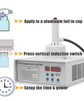 Portable Handheld Induction Sealer Fits 20Mm To 100Mm Caps 110V Digital Display with operation instructions and timer settings.