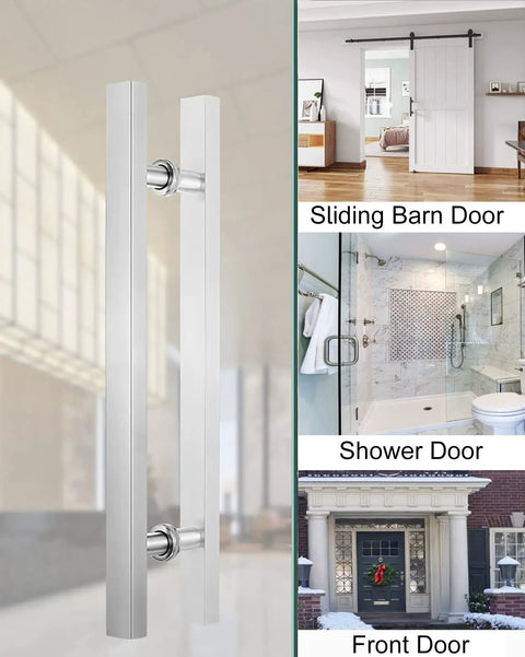 Sliding Barn Door Pull Handle Kit With Install Tools For Wood And Glass Doors No Fuss Two Hole Install Heavy Duty 304 Stainless Steel Rust Resistant Front Entry Push Pull Handle Silver 120cm visible on different doors.