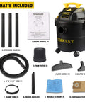 Powerful 5 Gallon Wet Dry Shop Vacuum with 4 Peak HP, 85 CFM, accessories layout, includes nozzles, wands, and filters.