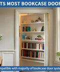 Heavy Duty Hidden Door Book Latch Featuring Slick Concealed Bookshelf Catch For Seamless Safe Room Upgrade And Smooth Operator DIY Stealth Lock Set in a stylish home setting with bookshelves.