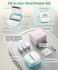 Compact T02 Mini Sticker Printer with Bluetooth label maker and inkless thermal printing, shown with packaging and components.