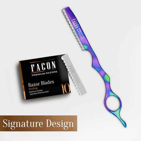 Professional Hair Cutting Razor Kit With Stainless Steel Feather Styling Blade And 11 Replacement Inserts For Pro Thinning Texturizing And Precision Cuts For Salons And Home Use Featuring Secure Grip And Keen Edge Design To Help You Slay Crisp Fades showing colorful razor and blade packaging.