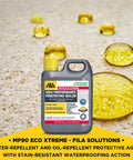 MP90 ECO Xtreme Natural Look Stone Sealer And Stain Protector For All Natural Stone And Polished Porcelain Tile Grout Eco Friendly 1 Qt bottle on stone surface with water repellent beads