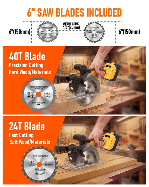 High-Output 6 1 2-Inch Cordless Circular Saw For Gnarly Cuts On Any 20V System Includes Two Blades And Guide Ruler For Crisp Slices Every Pass showing 40T and 24T blades ideal for hard and soft wood cutting.