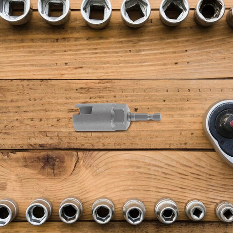 Hex Shank Slotted Wing Nut Socket Wrench For Hurricane Shutters And Panel Nuts A Sweet Upgrade on a wooden surface with sockets.