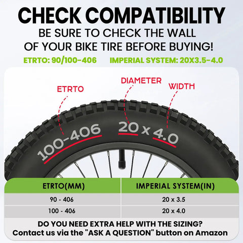 Compatibility guide for Fat Bike Tube 20X4.0 with Schrader valve, showing tire size compatibility and dimensions chart.