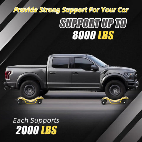 Heavy Duty Car Wheel Dolly With Rock Solid 8000 Lbs Capacity And Tight Grip Lock For Smooth Rolling Garage Vehicle Mover supporting truck.