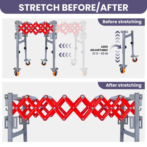 Heavy Duty Adjustable Conveyor Roller System With Wheels Expandable 14 To 52 Inch Length And 27.5 To 50 Inch Height Pro Grade Stainless Steel, shown before and after stretching