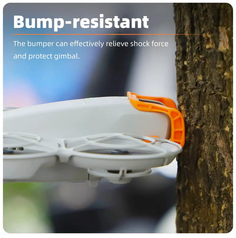 Quick-Release Gimbal Bumper For NEO Drone protecting gimbal during impact with tree, durable grey finish visible