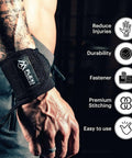 Built Tough Heavy Duty Wrist Wraps With Secure Thumb Loops For Weightlifting Highly Adjustable Support on a tattooed wrist.