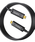 Heavy Duty Fiber Optic USB C Cable Delivers Lightning Fast 10Gbps Data Sync, 33-foot black cable with Kevlar ends.