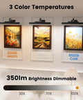 Rechargeable 12 Inch Wireless Picture Light With Dimmable LED, Remote Control, 3 CCT Modes showing warm, natural, cold lighting on art