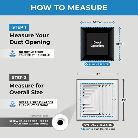 Guide on measuring for Adjustable 3 Way Air Diffuser Vent Cover For Ceiling Duct Opening 10x10 Inlet Fit Rust Proof Aluminum Grill