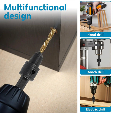Slick 5-Piece Adjustable Countersink Drill Bit Set with Magnetic Extension Holder and Sizes 4 to 12 used in a hand drill on wood.