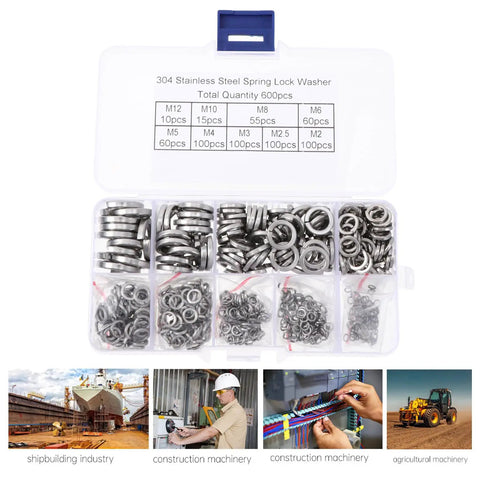 Stainless Steel Spring Lock Washer Kit M2 To M10 600 Piece Assortment for heavy-duty machinery in a clear plastic organizer