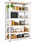Heavy Duty 5 Tier Storage Shelf Rack Adjustable Boltless Steel Frame With Thick MDF Boards Rock Solid Garage Shelving Kit For Kitchen Pantry Quick Setup Superior Load Capacity 30X12X59 Inches White with food jars and kitchen appliances.