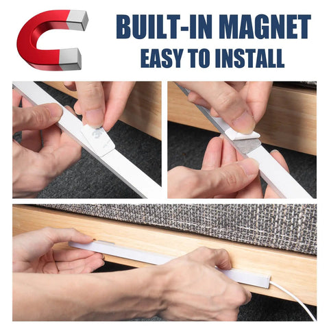 Demonstration of Two Pack LED Under Cabinet Lights Dimmable USB Powered for Closet, Bar, Counter and Desk with magnetic mounting.