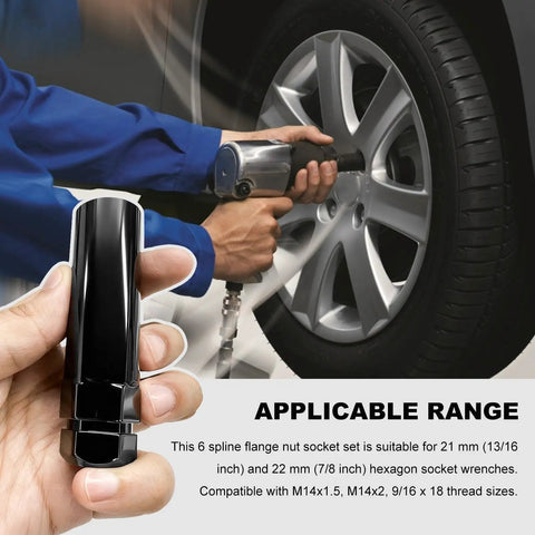 True Workhorse 6 Spline Lug Nut Socket And Wheel Lock Removal Tool held in hand, compatible with 13/16 inch and 7/8 inch hex wrenches.