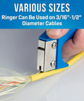 Close-up of JIC-4366 Fiber Optic Cable Jacket Slit And Ring Tool cutting yellow cable, hand-held, blue handle.