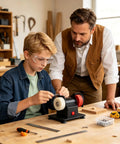 Powerful Compact Bench Grinder With Dual Fine And Coarse Wheels A Slick Counter Mount Setup For Daily Diy Woodwork Sharpening. A boy using the grinder.