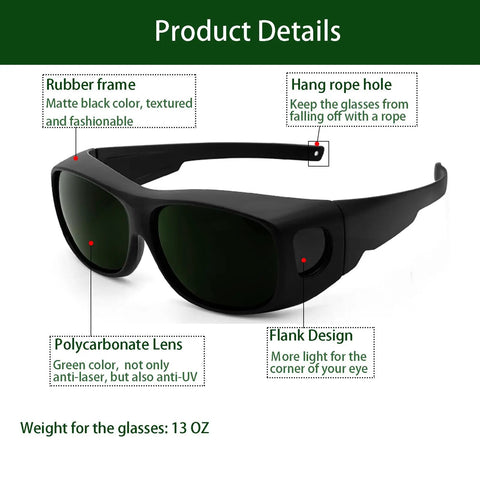 Heavy Duty Laser Protection IPL Safety Glasses With OD4 Plus Shade Rating, rubber frame, polycarbonate lenses, side angle view.
