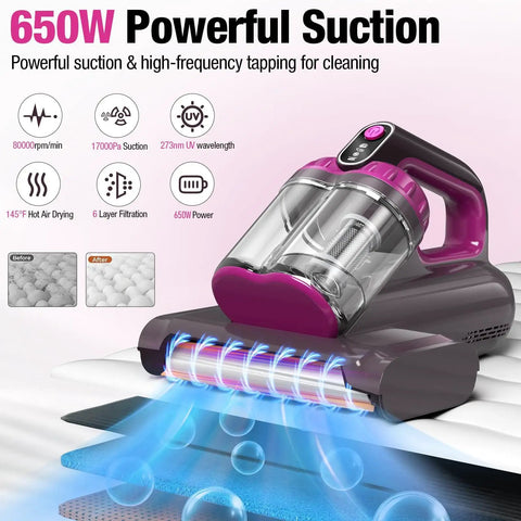 Beast Power Mattress Vacuum Cleaner With 17Kpa Suction 650W Motor UV C Light demonstrating high suction and UV sanitizing