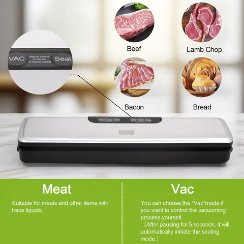 Compact Vacuum Sealer Machine With Five Modes Bang For Your Buck Fast Vacuum Sealing Low Noise Kitchen Gadget showing beef and bread uses