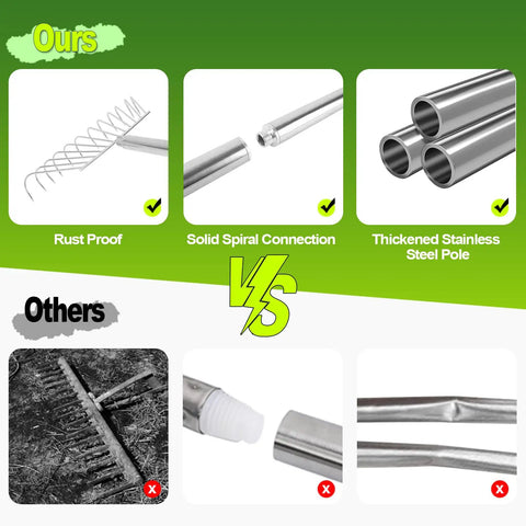 Comparison of Heavy Duty Stainless Steel Lawn Rake with Extended Handle highlighting rust proof material and solid spiral connection.