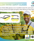 Hardcore UV Protective Safety Glasses With Snug Yellow Tint Anti Fog And Anti Glare Shield Wraparound Polycarbonate Lens in action outdoors.