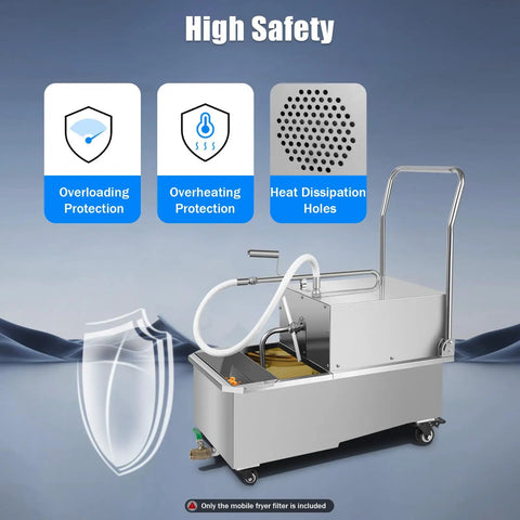 550W Commercial Deep Fryer Oil Filter Machine with safety features, stainless steel, 55L capacity for commercial kitchens.