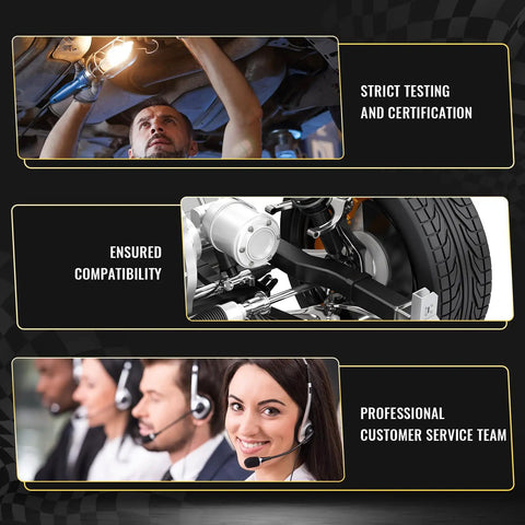 Image showcasing strict testing and certification, compatibility assurance, and professional customer service for Full Front Suspension Overhaul Kit For 2010-2015 Toyota Prius And 2011-2017 Lexus CT200H.