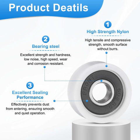 Close-up of Built Tough Eight Piece Nylon Ball Bearing Guide Pulley Roller Kit showing sealed 608rs bearing detail and nylon body.