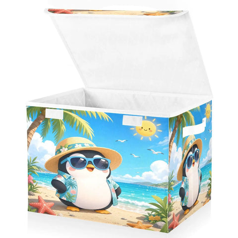 Heavy Duty Foldable Storage Bin With Secure Lid And Easy Grab Handles For Bedroom Closet Organizers, featuring a penguin design.
