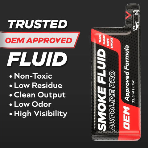 OEM approved smoke fluid packaging, non-toxic and low residue, for Heavy Duty Rock Solid Smoke Machine Leak Detector.