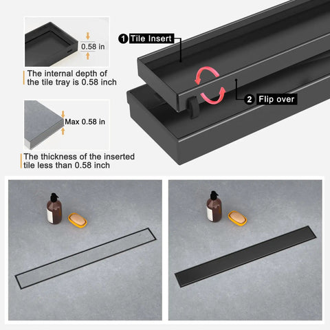 24 Inch Linear Shower Drain Tile in Grate Matte Black Floor Drain Kit No Flange showing tile insert instructions and dimensions.