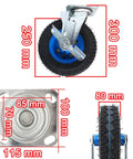 Badass Heavy Duty Industrial Caster Wheels With Two Swivel Brakes And Smooth Roll Solid Eight Or Ten Inch Setup angled view showing dimensions.