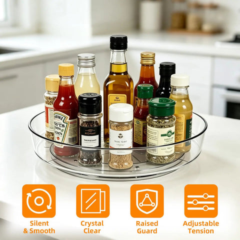 Easy Peasy 10 Inch Round Lazy Susan Turntable Organizer, 3 Pack Sleek Spinning Cabinet Spinner For Deep Drawers Under Sink And Pantry Shelves, Clear BPA Free Kitchen Storage Game Changer with condiments and spices.