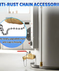 Lead-Free Brass Water Heater Drain Valve With 3/4 In NPT Inlet And 3/4 In GHT Outlet shown on heater with anti-loss cap chain