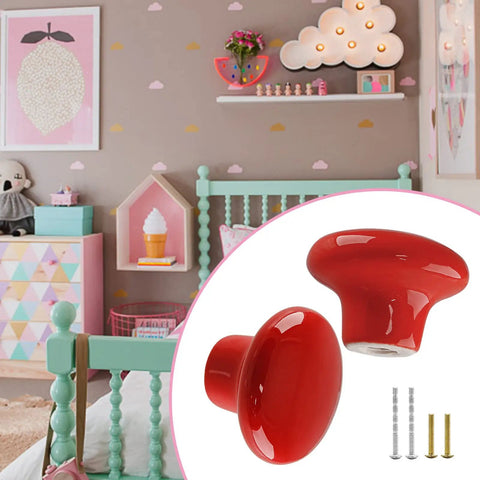 Totally Rad Red Ceramic Drawer Knobs With Funky Mushroom Shape For Nailed It Nursery Setup shown in kids room, glossy finish, 1-1/2 inch size.