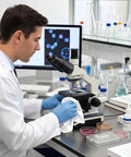 Scientist using Pro Grade Cleanroom Microfiber Wipes 100 Pack to clean microscope in lab setting.