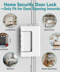 Rock Solid Door Reinforcement Security Lock For Inward Opening Doors Heavy Duty Aluminum Bombproof Kick Latch displayed on a wall with rooms labeled.