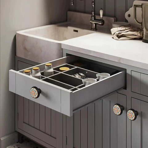 Six Pack Vintage Crystal And Ceramic Drawer Knobs Featuring Bold Red Yellow Mosaic Tile Designs On Simple White Mounts, showcased in kitchen drawer.