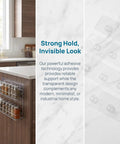 5Pc Heavy Duty Wall Mounted Storage Rack Featuring Hardcore Adhesive Hooks For Bathroom And Shower Caddy No Sweat Rent Friendly Plastic Shelf Rack Quick Grip Design holding spice jars on kitchen counter.
