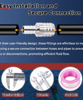 Diagram showing Two Pack 304 Stainless Steel Hose Barb Fittings from one and a half inch to three quarter inch with tools and text.