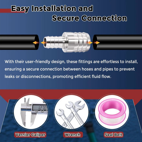 Diagram showing Two Pack 304 Stainless Steel Hose Barb Fittings from one and a half inch to three quarter inch with tools and text.