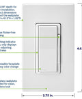 Slick WiFi Smart Dimmer Switch With Hassle Free App Control Smooth Fade Dimming And Remote Vibe Tweaks For Home And Office In Classic White Decorator Wall Plate front view with dimensions and features visible.